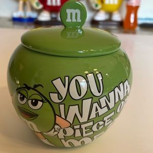 M&M Candy Dish Green Ceramic Canister Jar You Wanna Piece of Me